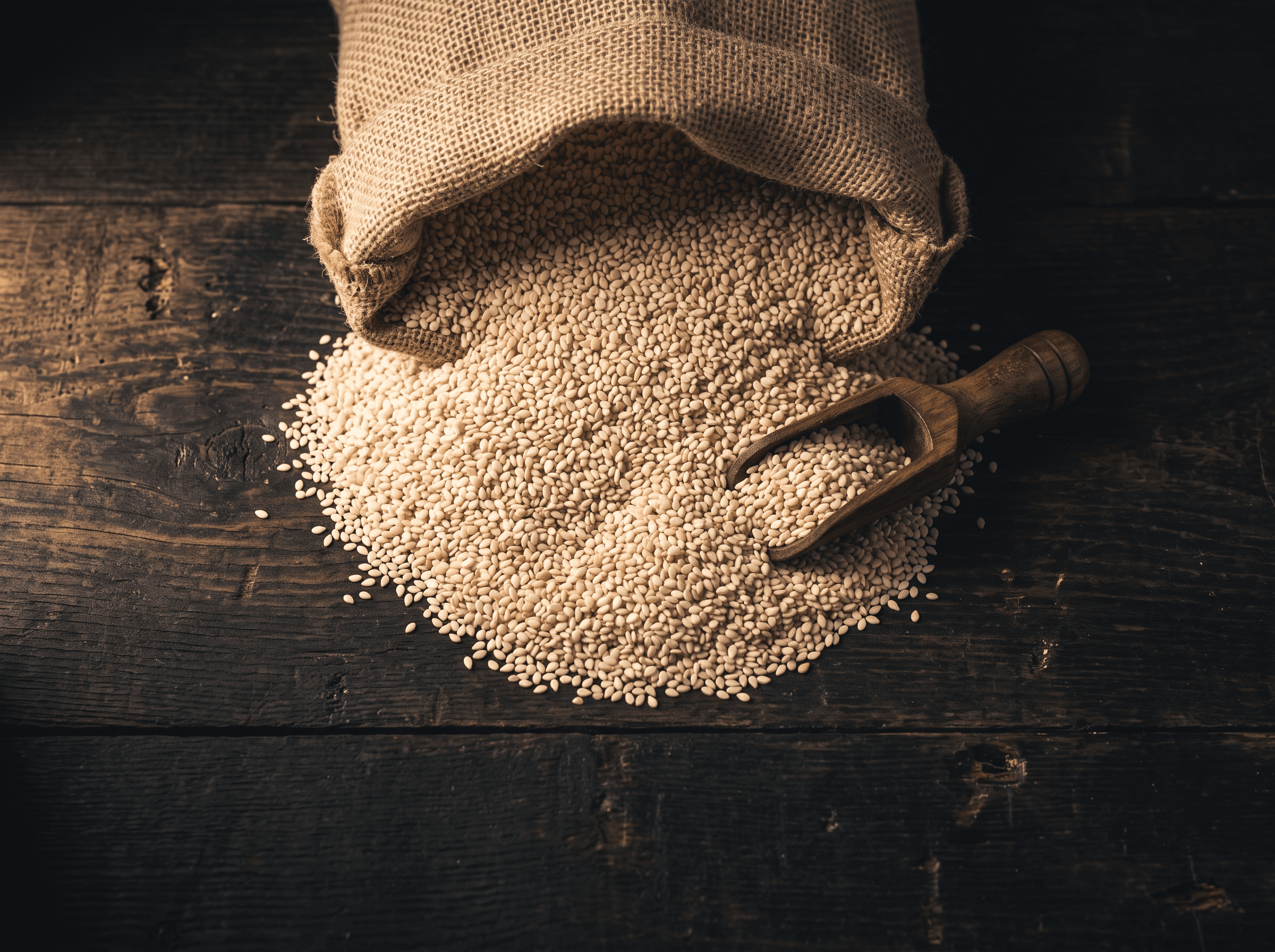 Export-grade Pakistani sesame seeds spilling from a burlap sack