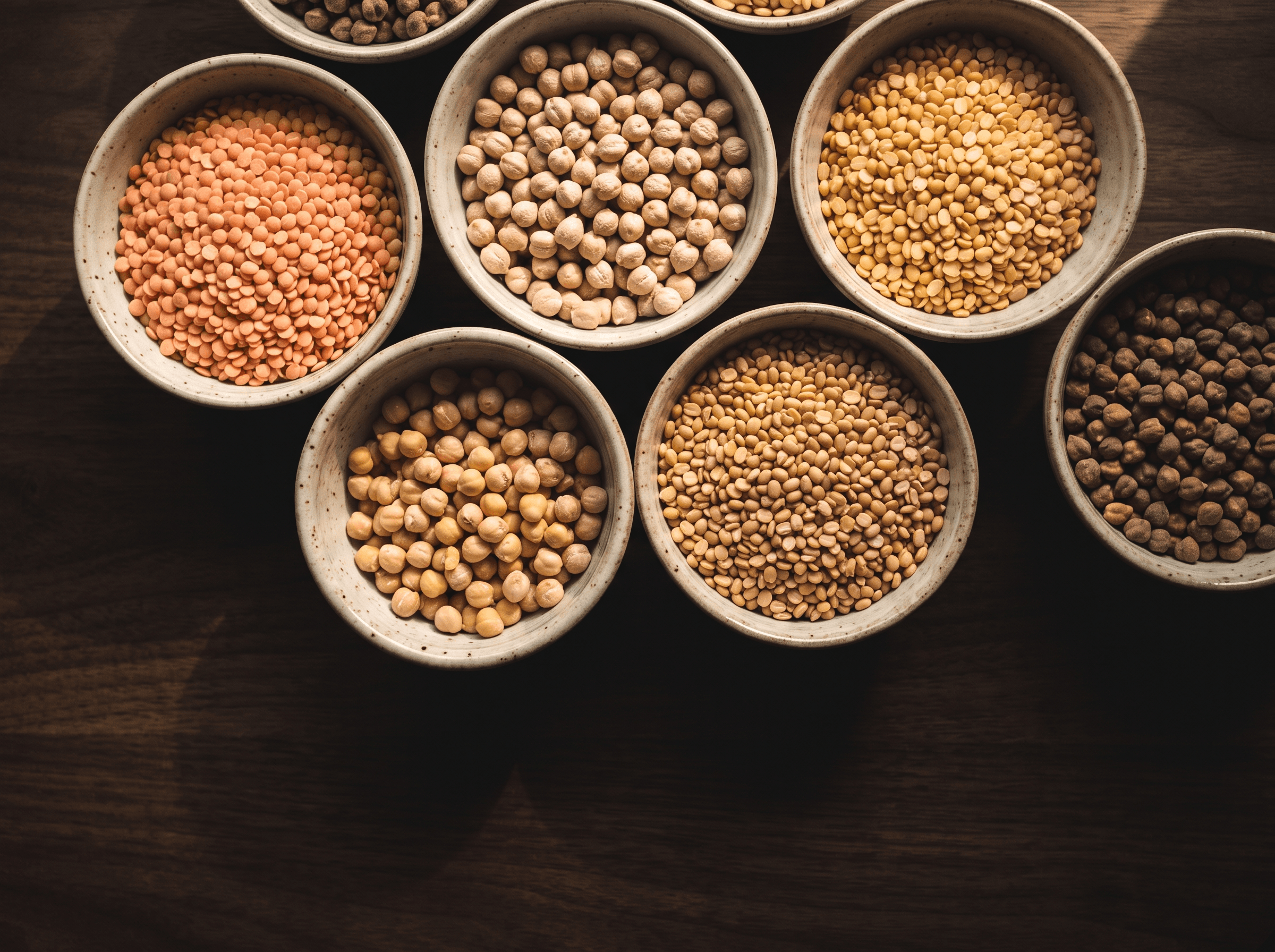 Assorted Pakistani pulses in ceramic bowls — chickpeas, lentils, and moong
