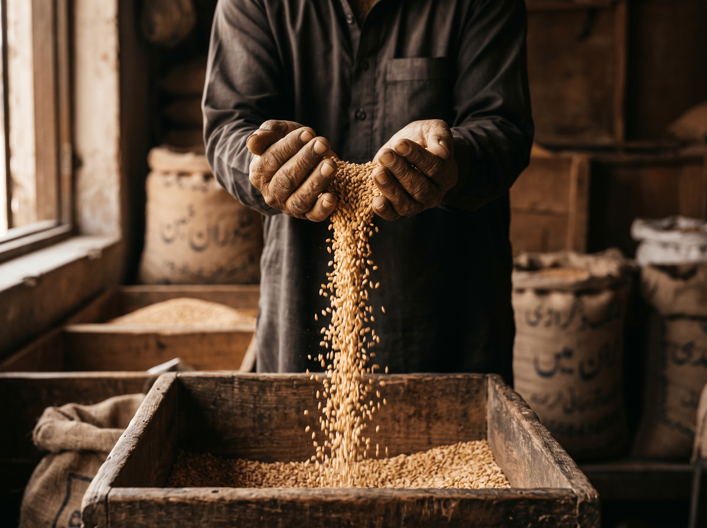 Hands running through freshly milled grain