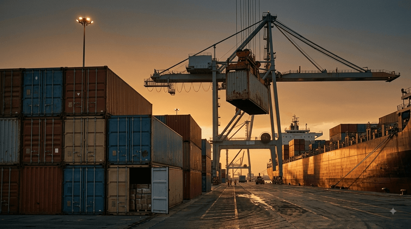Shipping containers stacked at Karachi Port with a gantry crane loading a vessel at dusk