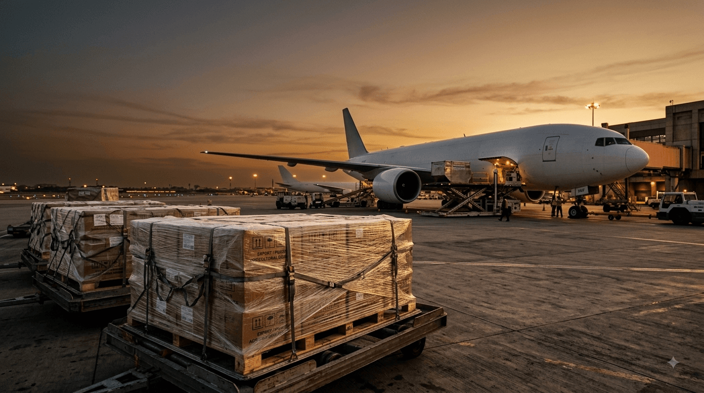 Export cargo pallets being loaded onto a freight aircraft at an airport tarmac at dusk