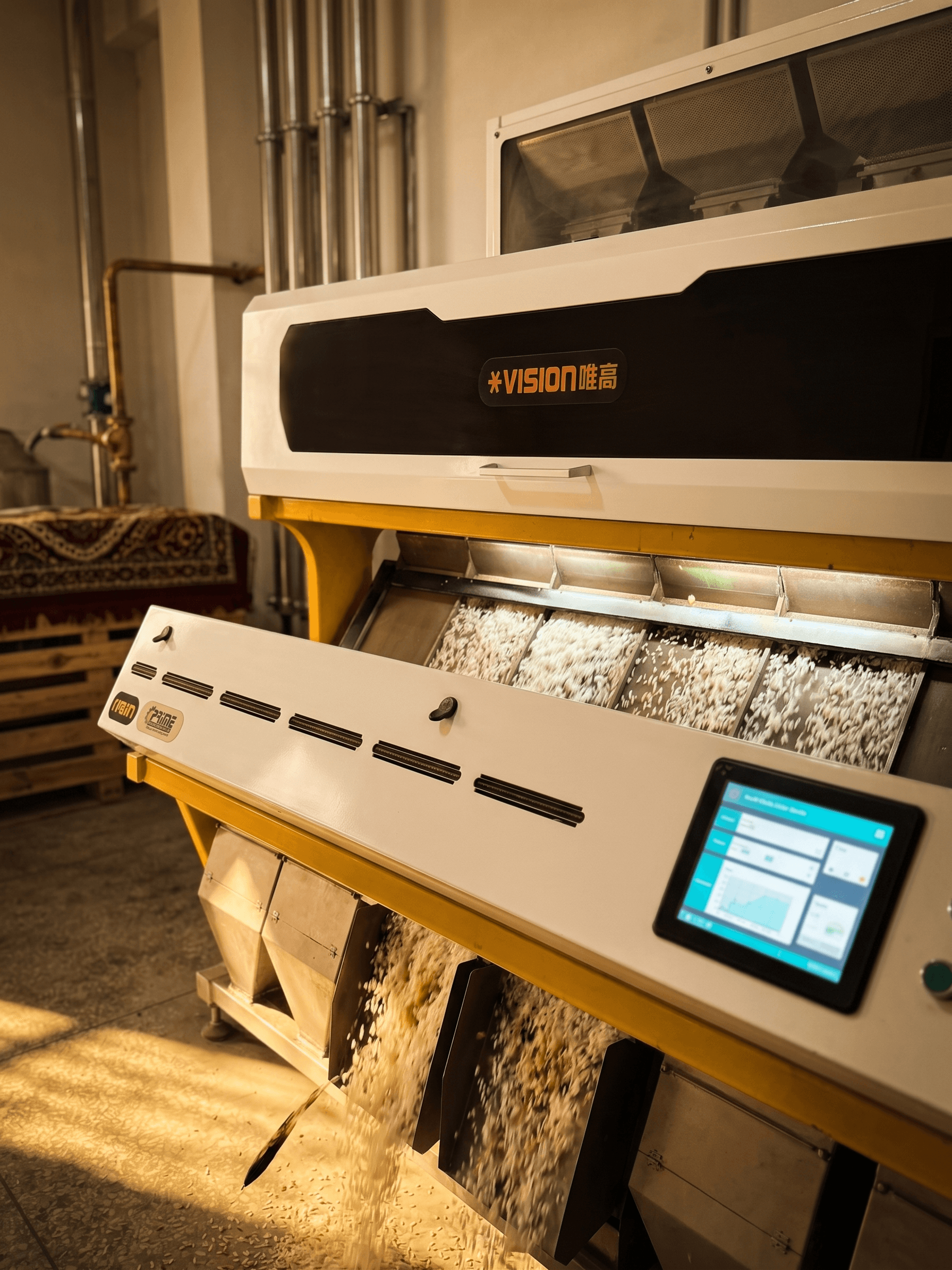 Our optical color sorting machine separating rice grain by grain during processing