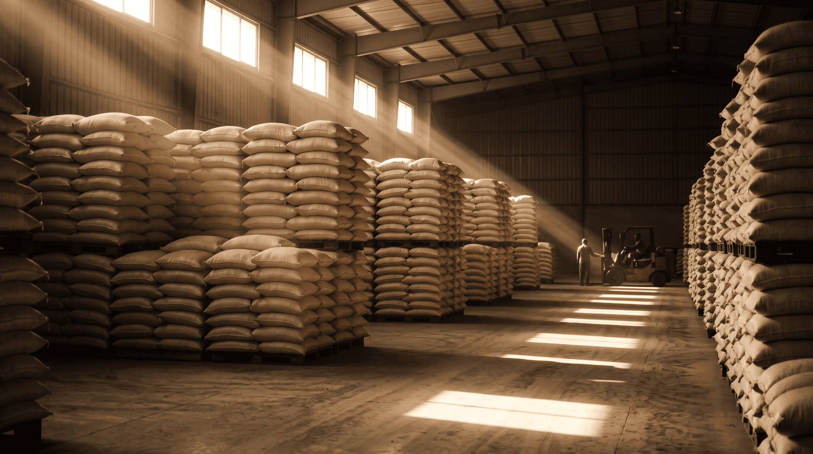 Sacks of graded grain stacked and staged inside our warehouse (godown) ahead of dispatch